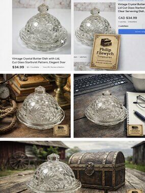 Vintage Crystal Butter Dish Elegant Starburst Cut Glass Serving Dish Gift